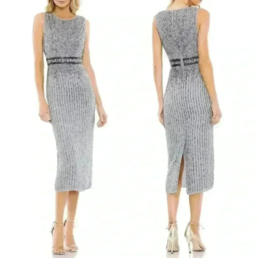 Mac Duggal Sequin Sleeveless Sheath Midi Cocktail Dress 22 Platinum Bead Formal